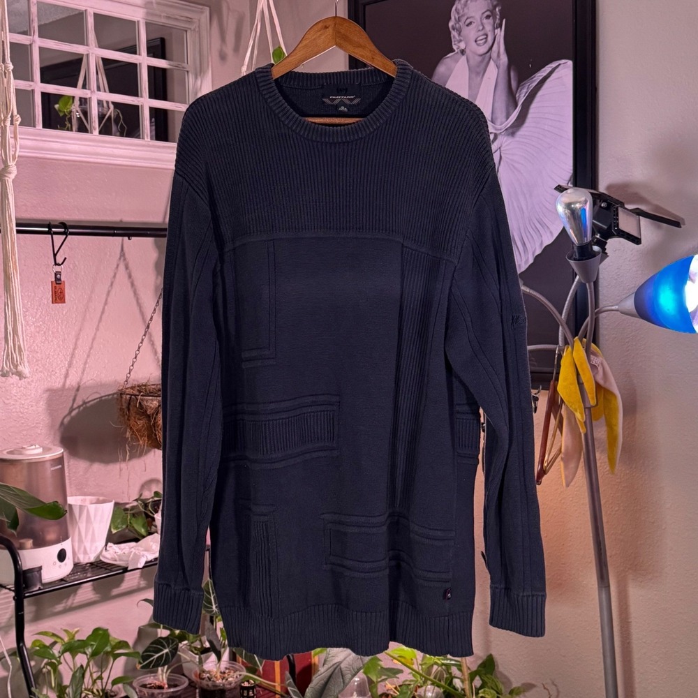 Phat Farm Mens XL Navy Blue Textured Geometric Patchwork Cotton Knit Sweater‎